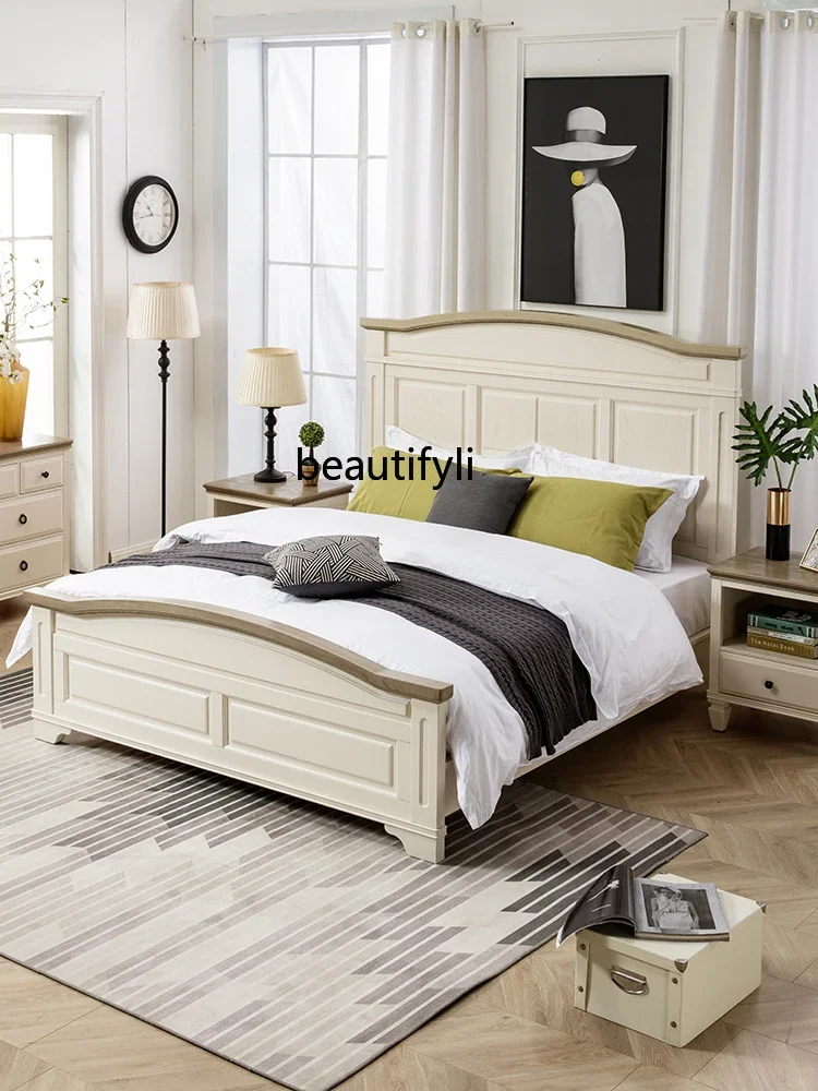 Solid Wood American Double Bed Master Bedroom Marriage Bed King Bed High Box Arc French Cream Style White Furniture