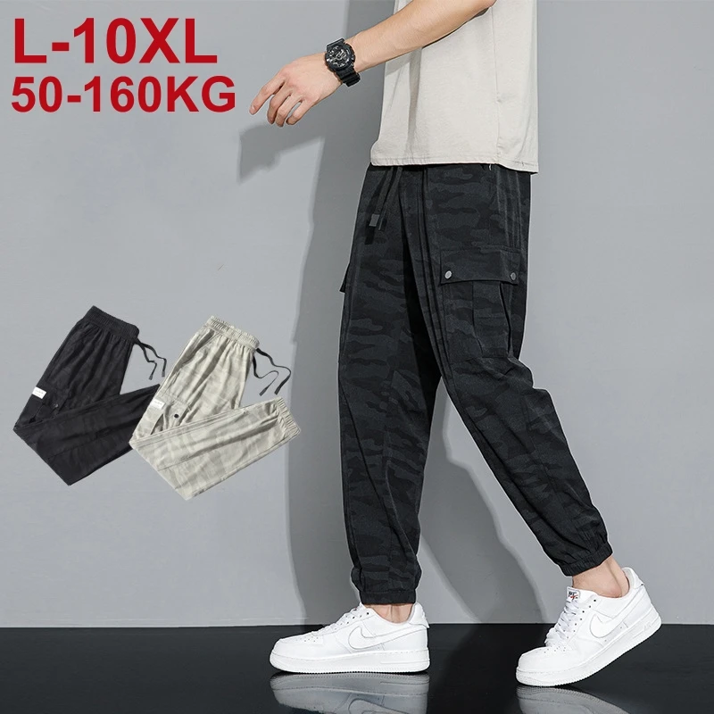 

10XL 9XL Summer Multi-Pockets Sweatpants Men Ice Silk Joggers Camouflage Cargo Pants Big Size Breathable Nylon Harem Trousers