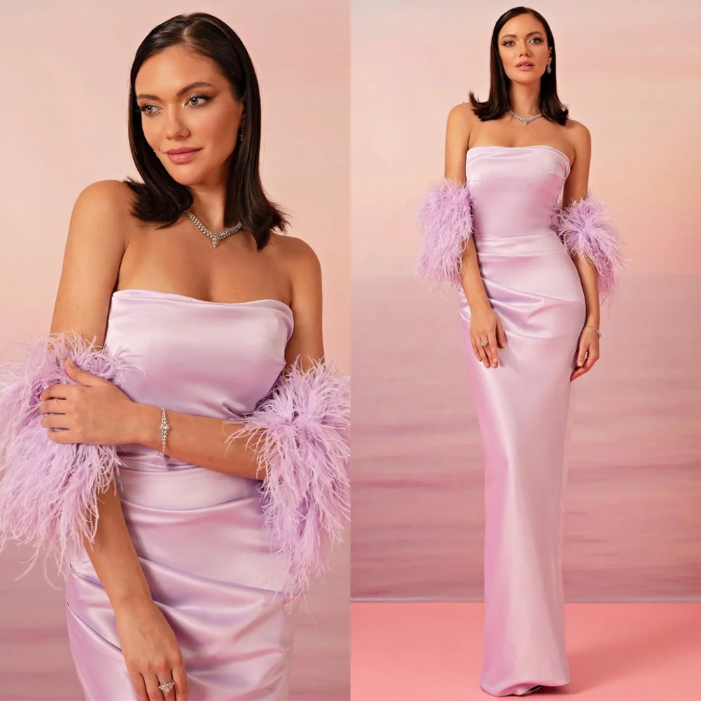 

Роскошное фиолетовое атласное вечернее платье по индивидуальному заказу, современные платья без бретелек для выпускного вечера, темпераментные перья, платья для особых случаев