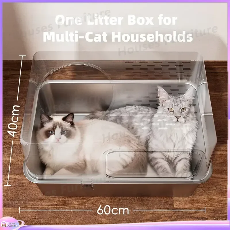 Large Fully Enclosed Stainless Steel Cat Litter Box with Splash Proof Cover Removable Tray Odor Control Quiet Automatic Self