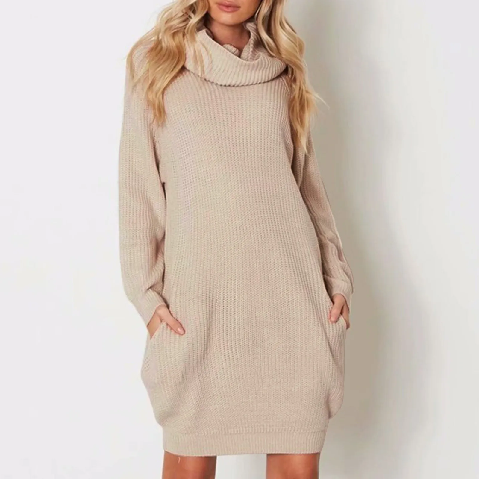 Turtleneck Long Sleeve Sweater Dress Casual Solid Pockets Knitted Dresses Women Fall Winter Loose Long Tunic Warm Pullover Robe