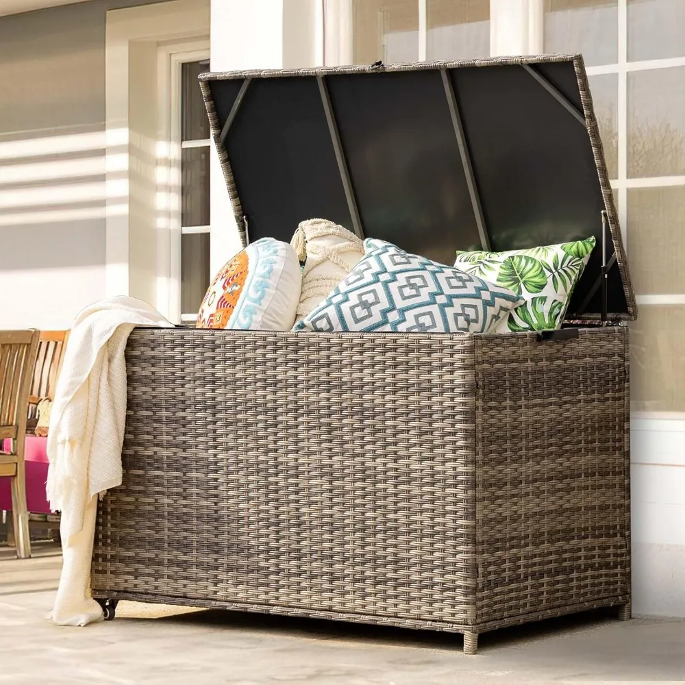

178 Gallon Outdoor Storage Box, Patio Deck Box with 2 Wheels, Handle Large Portable Wicker Rattan Deck Box for Patio Furniture C