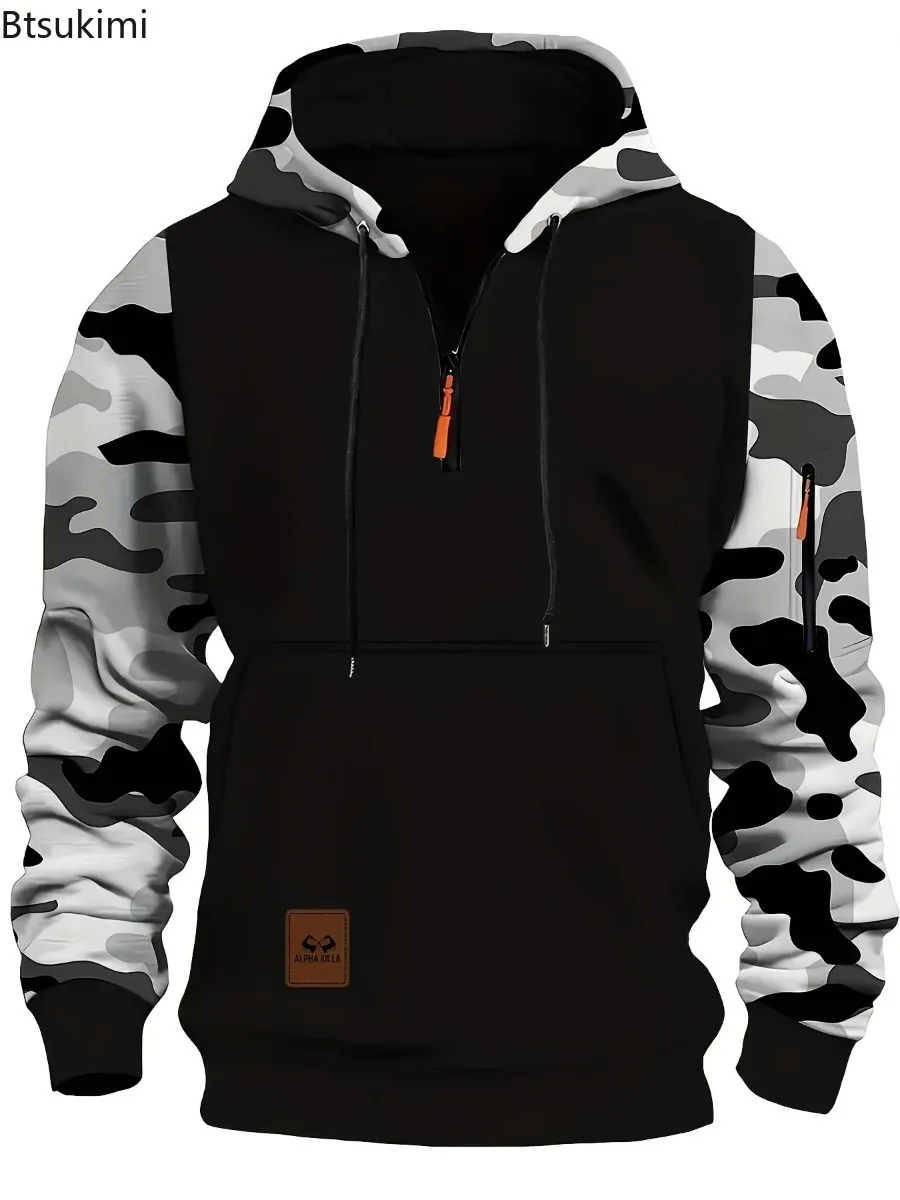 2025 Spring Autumn Men's Casual Hoodies Quality Arm Zipper Long Sleeve Pullovers Trend Camouflage Color Blocking Men Sweatshirts