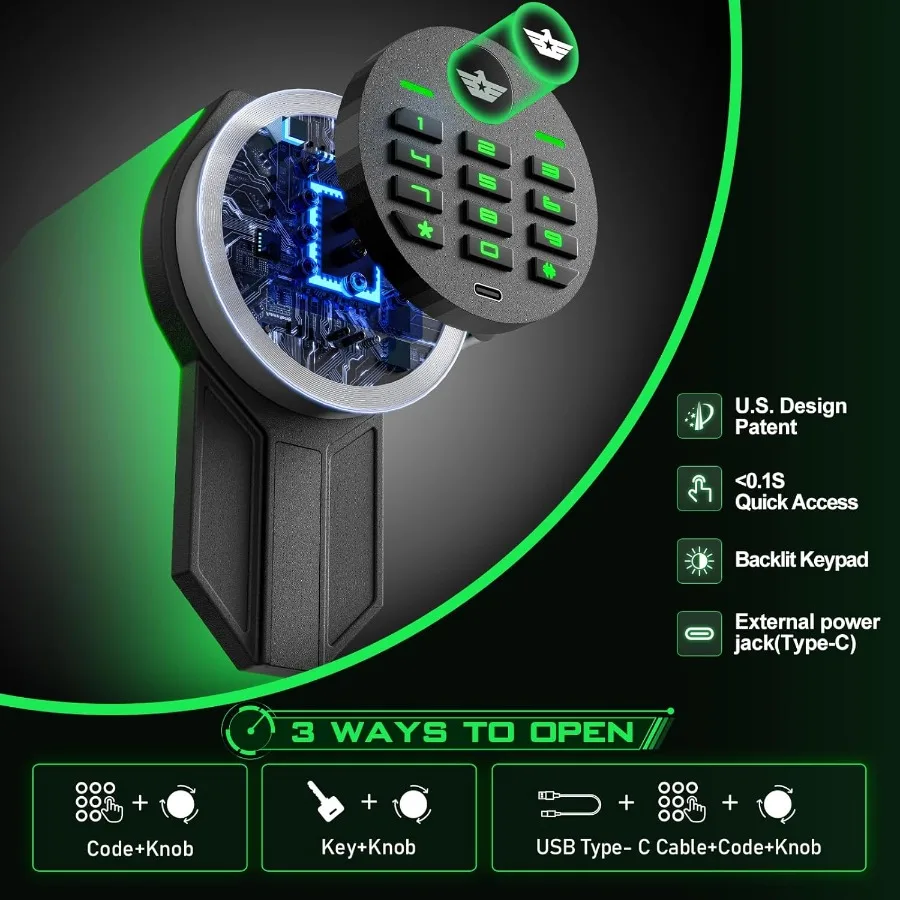 46-Waffentresor zur Aufbewahrung von Gewehren und Pistolen, schneller Zugriff, Gewehrtresor mit hintergrundbeleuchteter Tastatur, sicherer Waffenschrank mit Schublade a