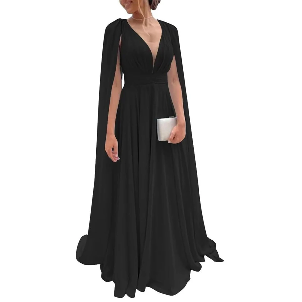 

Chiffon Dubai Black Evening Dresses A Line Cape Sleeve Prom Dress V Neck Formal Prom Gown special occasion dresses