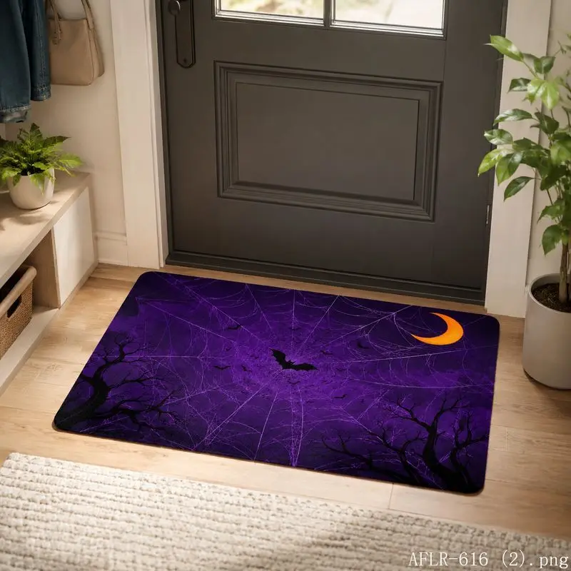 VIKAMA Halloween Moon Bat Door Mat Gothic Nocturnal Animal Welcome Rug Spooky Home Decor Entrance Floor Mat