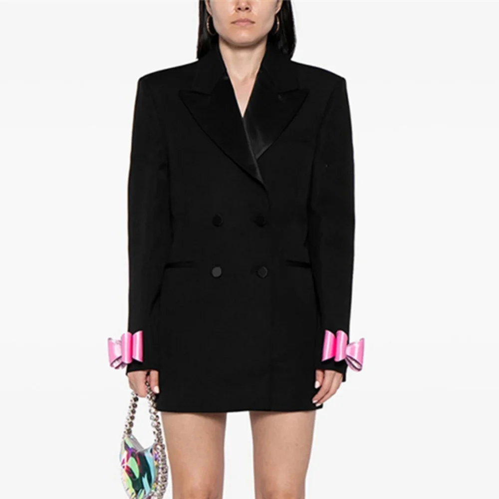 Women Fashion Black Suit Jacket With Pink Bow-tie On Sleeves, 2024 Fashionable Autumn Coat Blazer