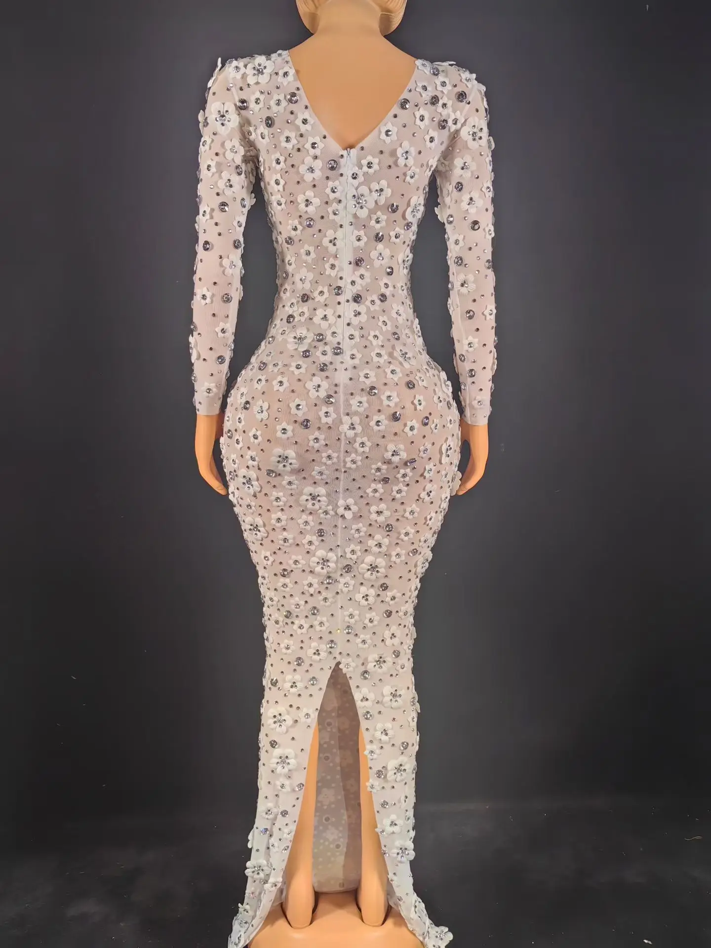 Elegant Sparkly Rhinestone Event Tight Fitting Long Dresses High-end Mysterious Party Sexy Women 3D Flower Evening Gown Cunjie