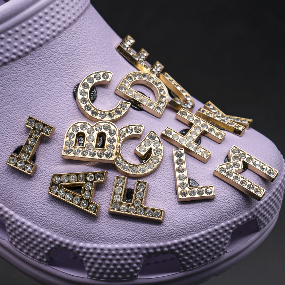 1 stücke Metall Gold Luxus Buchstaben Schuh Charms für Clog Alphabet Schuhe Dekorationen Pins für Frauen Mädchen Sandale DIY Party Gunst Geschenke – Detail 6
