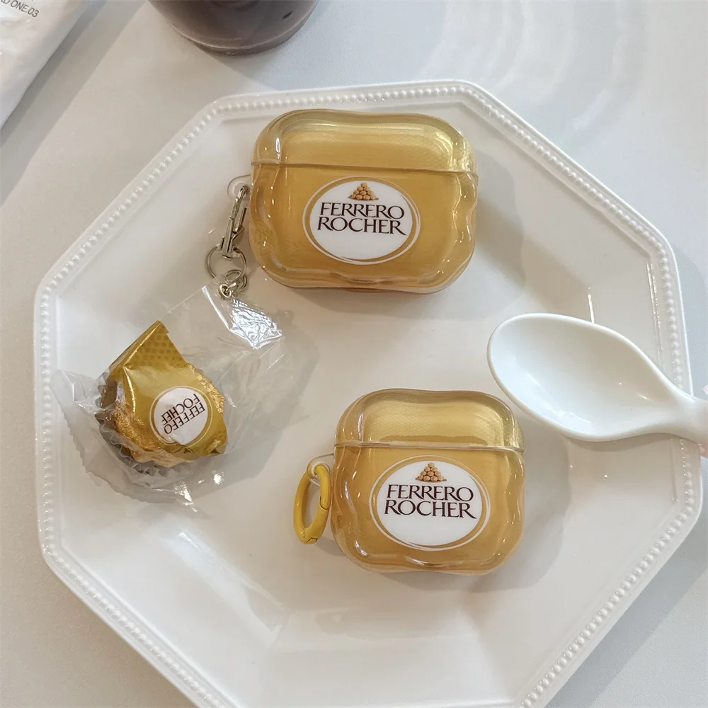 

Cute Wave Edge Gold Earphone Case Shockproof Cover for Apple Airpods Pro2 Pro3 Cover Airpods 4 3 2 with 3D Chocolate Charm Cases