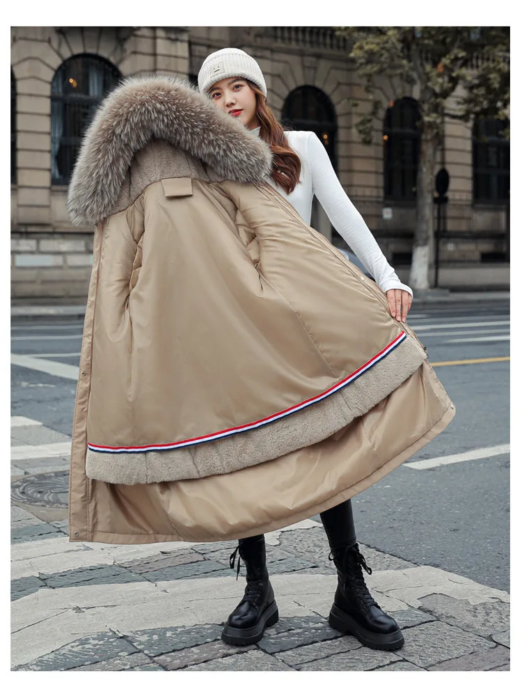 Women Hooded Parkas Coats Long Jackets Solid Detachable Big Fur Lenth Collar Zipper Drawstring Slim Fit Thick Casual 2025 Winter