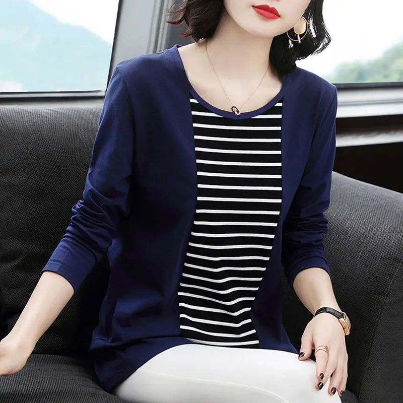 Koreon Vintage Women Big Size Midi Striped T-shirt Spring Autumn Long Sleeves Basic Tees Versatile Loose Casual Bottoming Tops