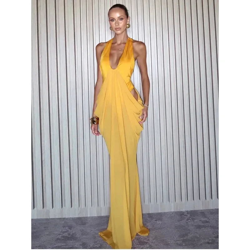 

Элегантное женское макси-платье BKQU с драпировкой, открытыми плечами, глубоким V-образным вырезом, без спинки, сексуальное, без рукавов, облегающее, для пляжа, клуба, вечеринки