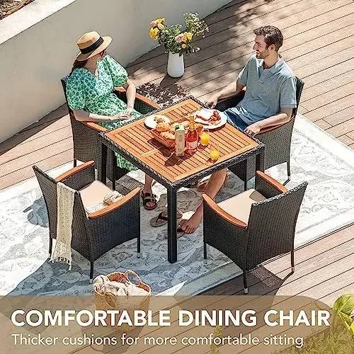 5 PCS Furniture, Patio Conversation Set with Acacia Wood Top, Rattan Outdoor Dining Table and Chairs for Backyard