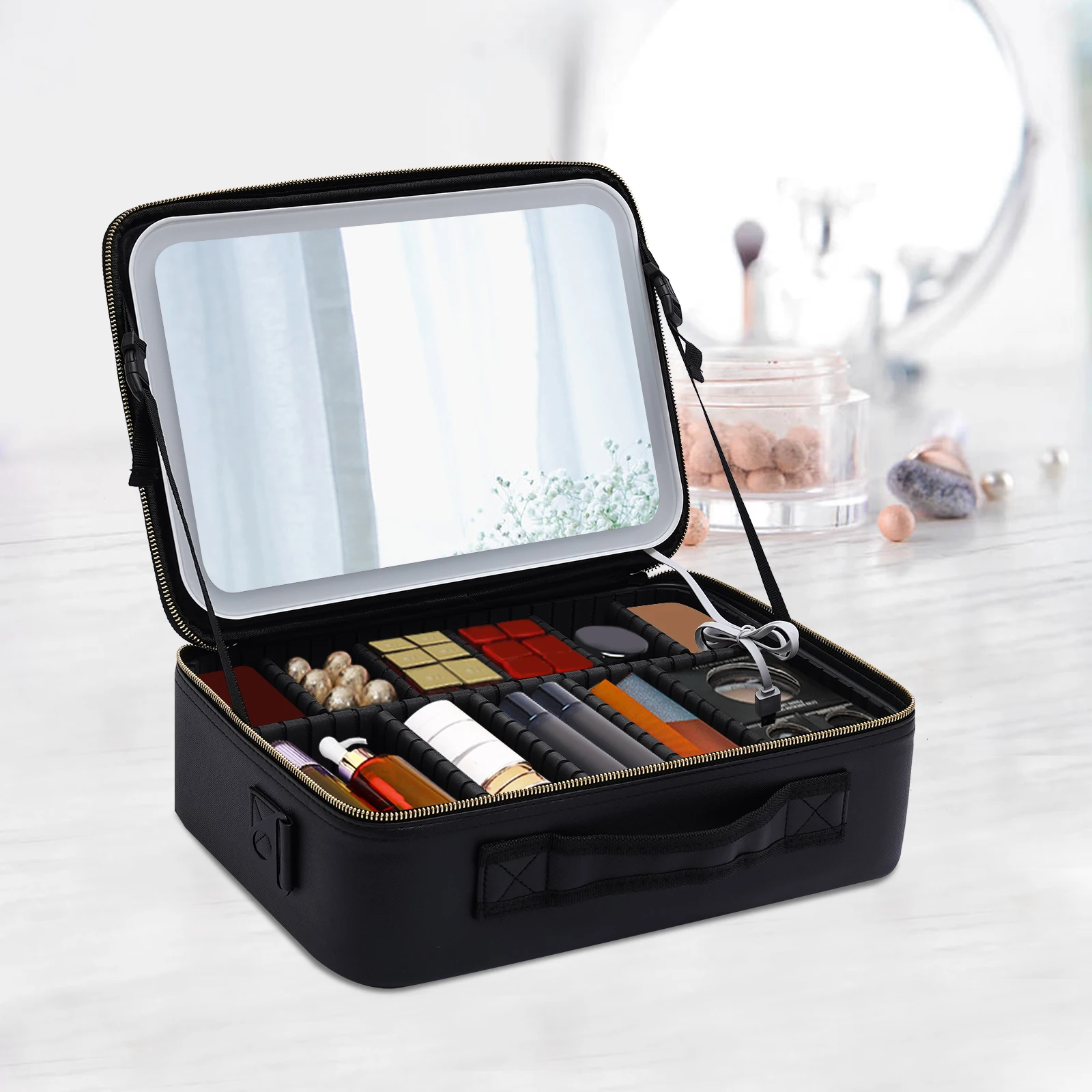 

Makeup Train Case with Large Lighted Mirror 3 Color Scenarios Adjustable Brightness Large Cosmetic Organizer Storage Adjustable