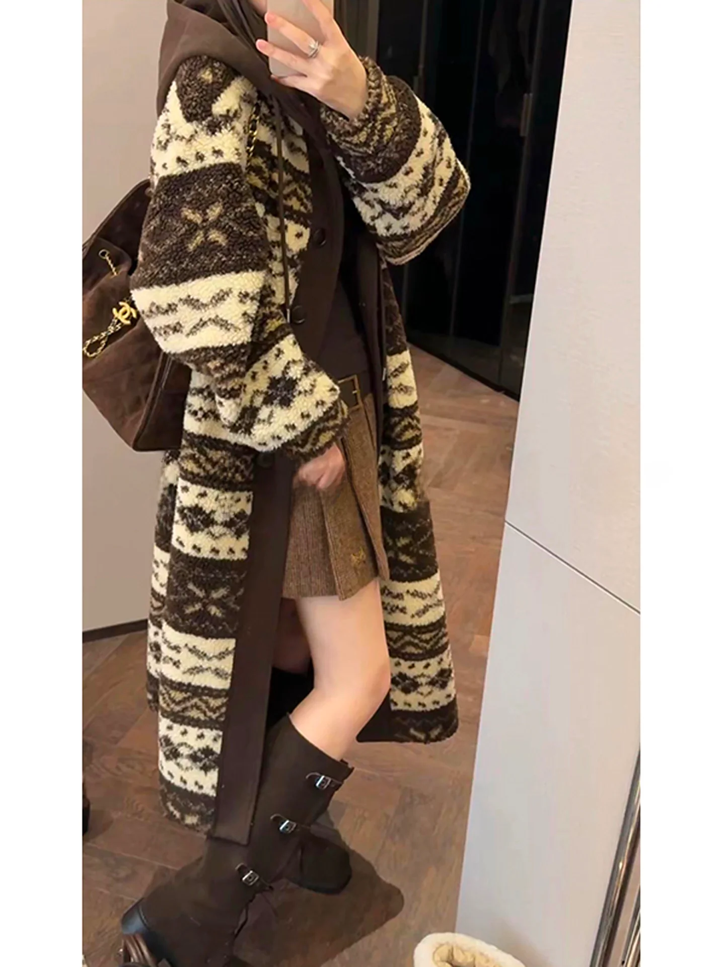 

Mimius 2025 Autumn Winter Thiened Loose Women's Coat Floral Print Casual Sle Polyester Wool Blend Outerwear