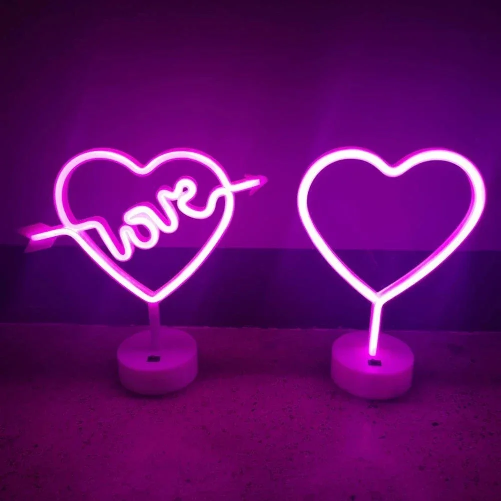 Heart Shaped Neon Light Christmas LED Neon Sign Bar Art Decorative Lights with Base Stand Night Lamp Decor Girl Bedroom Gift