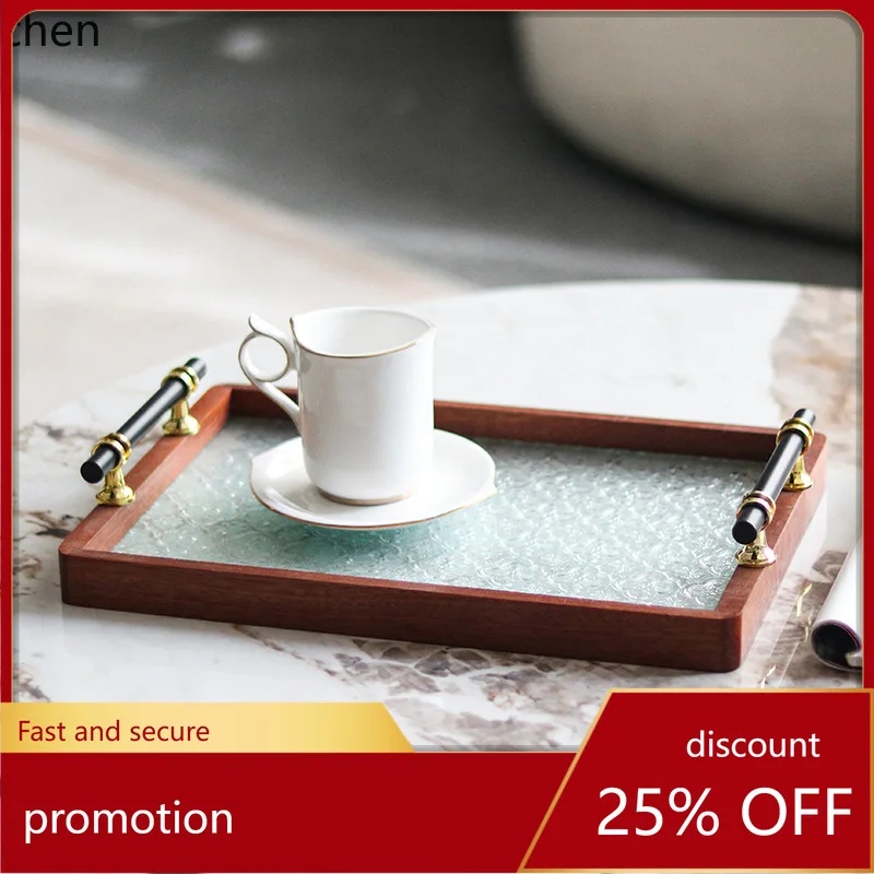 

ZML solid wood rectangular glass tray with handle, decorative item for model homes, hotels, tea rooms, and restaurants
