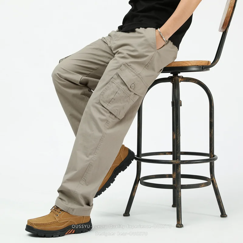 Spring Autumn Cotton Cargo Pants Men Baggy Straight Dad Style Casual Outdoor Wear Multi-pocket Work Trousers Plus Size M-5XL