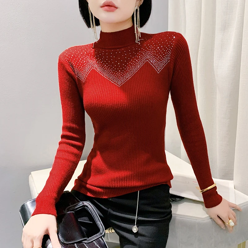 2025,New,European,Style,Fall,Winter,Knitted,Turtleneck,Sweater,Chic,Sexy,Shiny,Patchwork,Diamonds,Women,Long Sleeves,Tops,410116