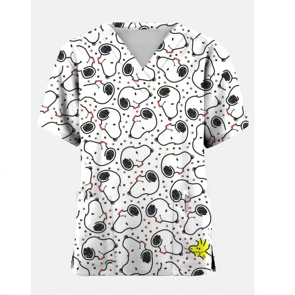 Uniforme de enfermeira kawaii para mulheres, cartoon, Snoopy Print, manga curta, macacão de bolso, tops de enfermagem médica, novo, 2024