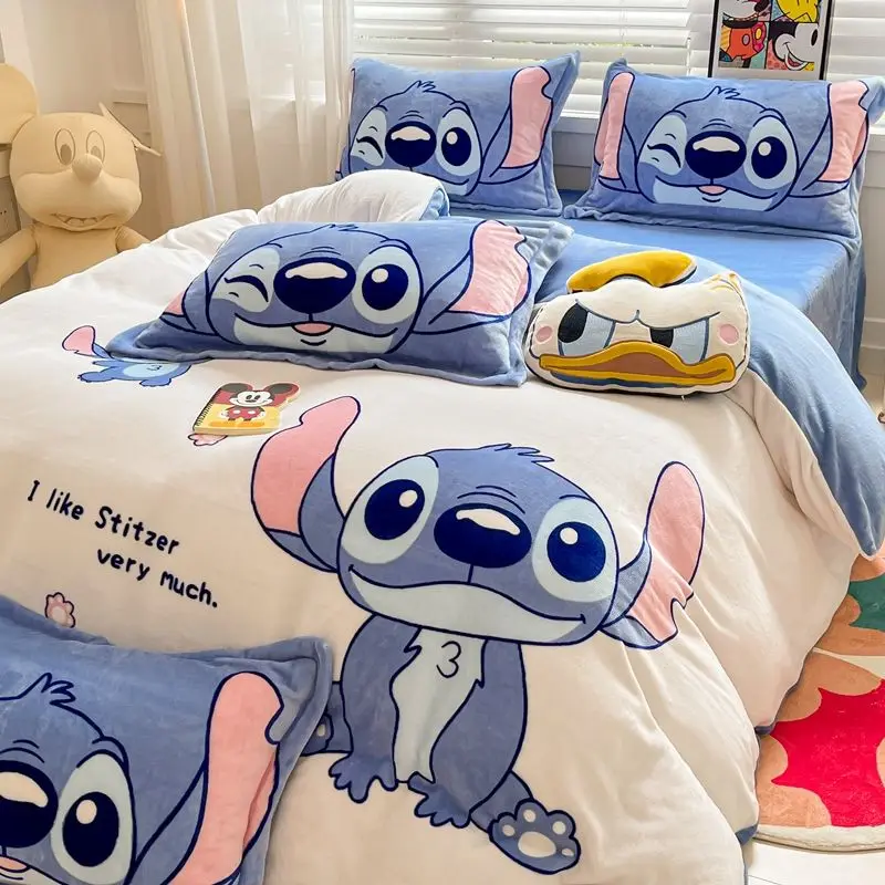 Mickey Daisy Donald duck Lotso Stitch Minnie Pooh Bear Elsa cute cartoon print thickened warm milk velvet bed sheet set of four