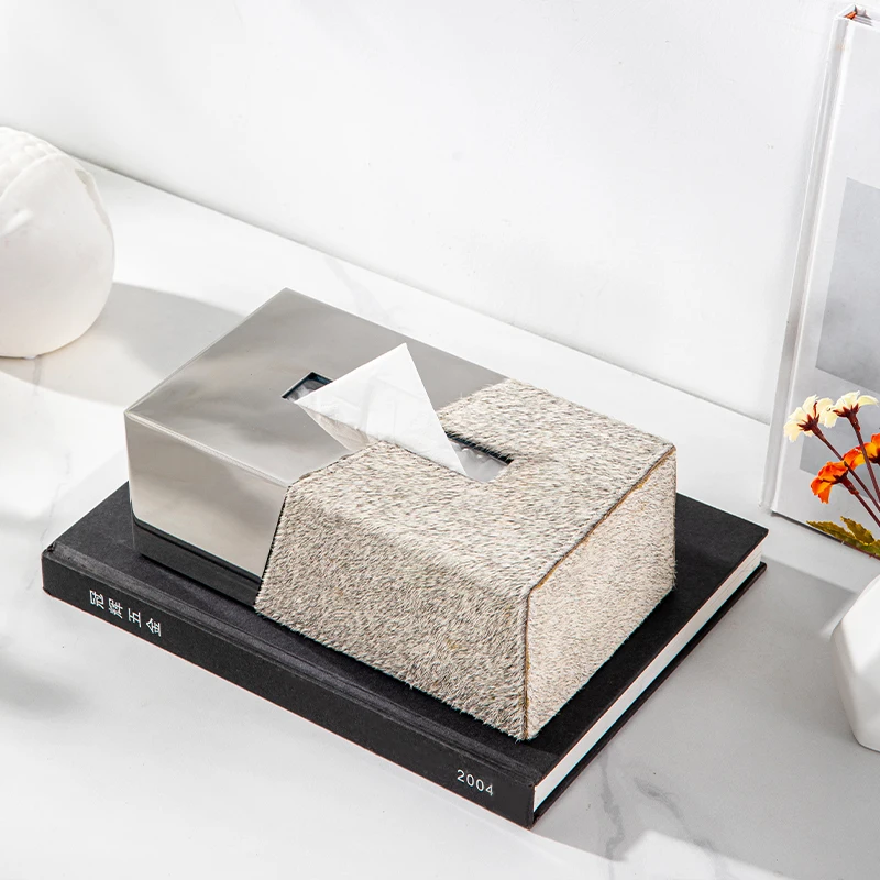 Light Luxury High Grade Stainless Steel Splicing Horse Hair Tissue Box Living Room Dining Tea Table Coffee Table Napkin Box