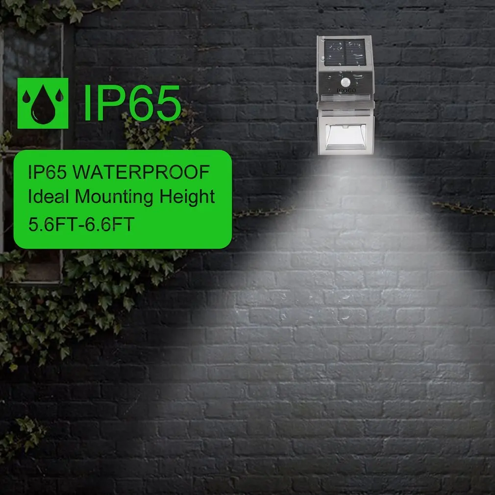 

Waterproof Ip44 Solar Wall Light Icoco 6000-7000K 50Lm 90 Degree Detection Long Lighting Hour With Pir Sensor Stainless Steel