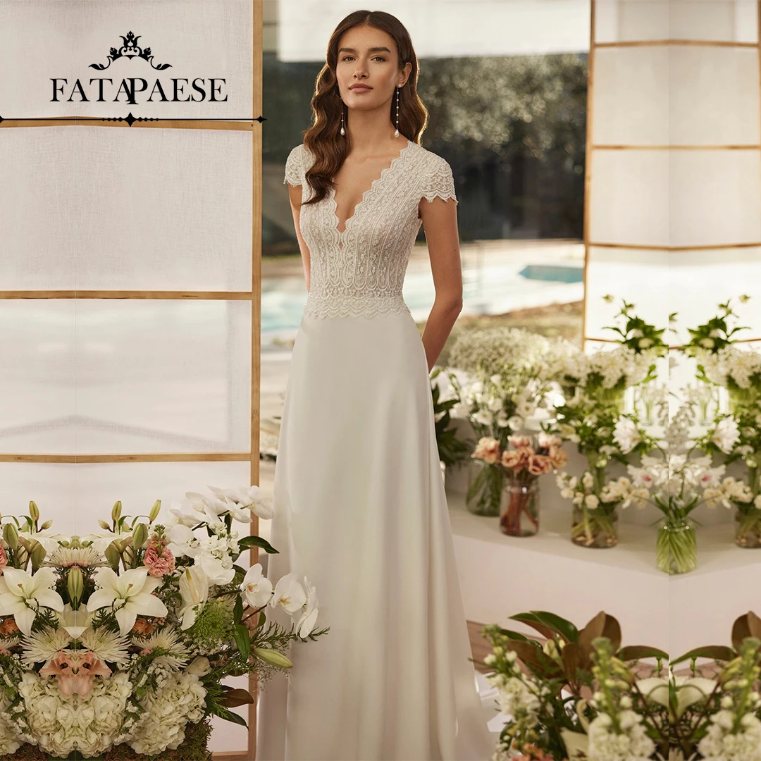 FATAPAESE Romantic Boho Wedding Dress V-Neckline Illusion Lace Embroidery Bodice Features a Bateau Mermaid Silhouette for Bridal