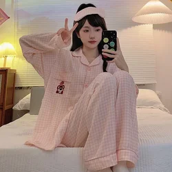 Disney strawberry bear autumn cotton long-sleeved trousers two-piece set women's pajamas silk pajamas women's cartoon loungewear