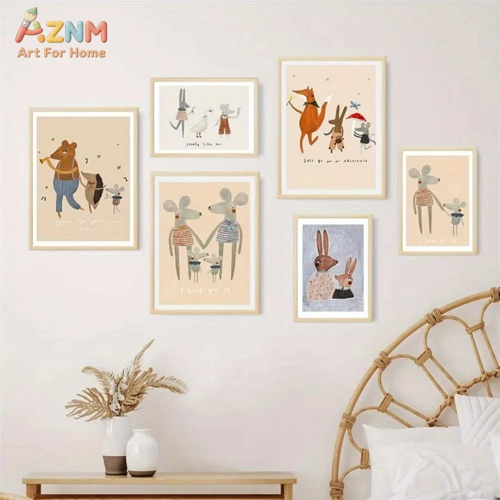 AZNM Cute Cartoon Animal Family Canvas Wall Art Mouse Fox Rabbit Bear Hedgehog Watercolor Style Nursery Decor Lovely Quote Unfra