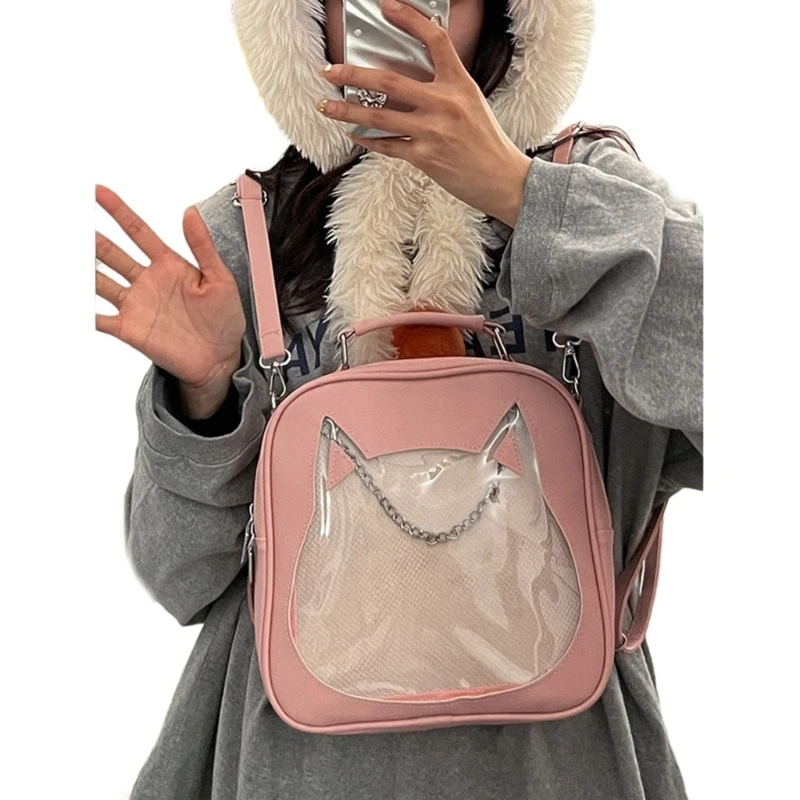 Versatile Shoulder Bag with Anime Pins Display Unique JK Uniform Shoulder Bag with Cat Window for Work or School