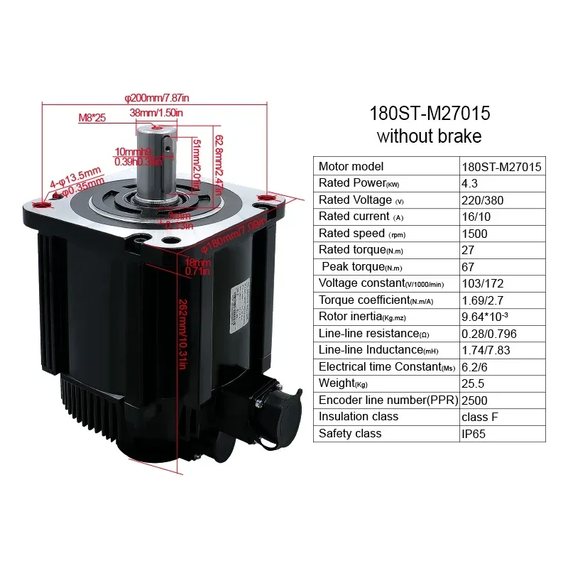 HLTNC 180ST-M27015/M35015/M48015 With T3A Driver 4.3 5.5 7.5 KW 380V AC Servo 3 Phase Motor Kit With Brake 1500 RPM 27/35/48 Nm