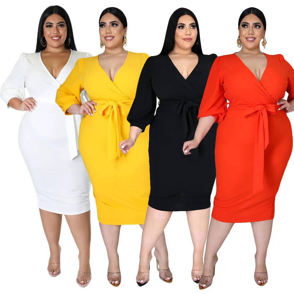 2022 donne Plus Size abiti eleganti colore puro scollo a v fasciatura vestito Midi mezza manica Casual Dropshipping all'ingrosso