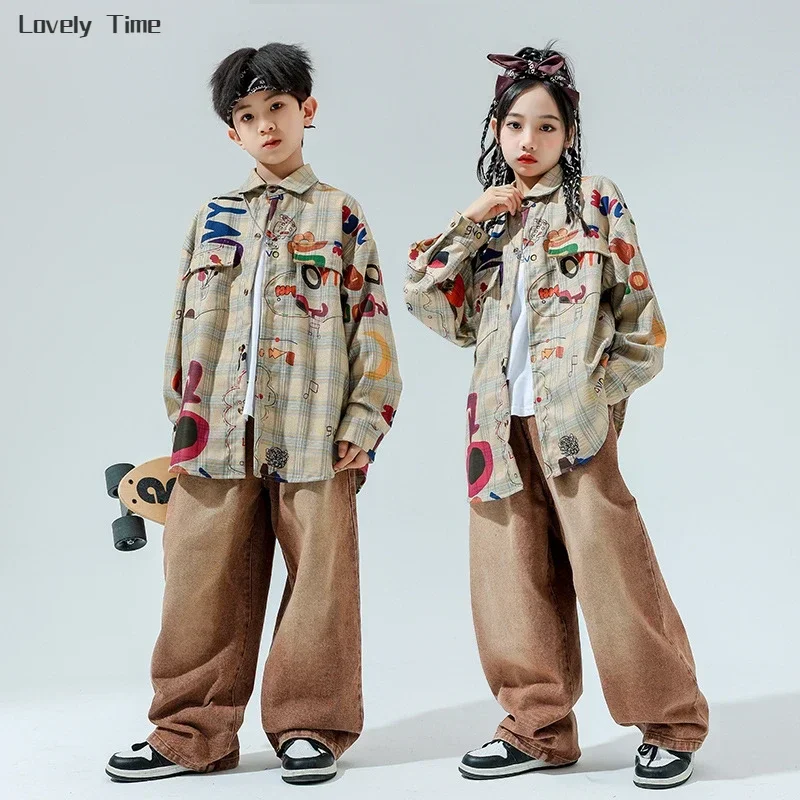 Hip Hop Boys Graffiti Shirt Cargo Denim Pants Girls Jeans K-pop Jeans Costumes Children Streetwear Kids Jazz Dance Clothes Sets