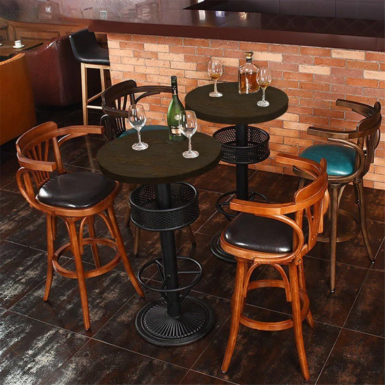 2022 hot selling night club cooler bar chair and table set furniture pub wood round high top bar table