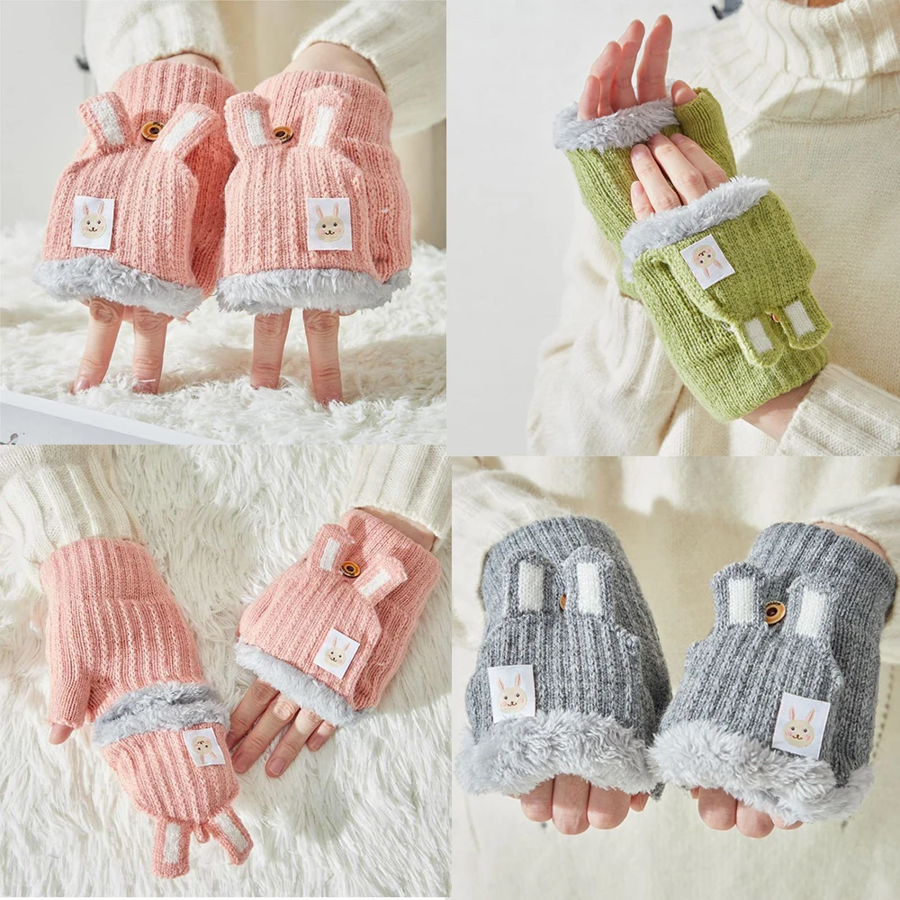 Plush Fluffy Autumn Winter Knitting Mittens Flip Cover Half Finger Gloves Cycling Touch Screen Fingerless Gloves Thickened Warm