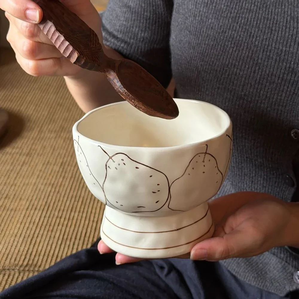 Creative Hand Painted High Foot Porcelain Bowl Korean Style Ins Cute Ceramic Homehold Food Container Yogurt Fruit Salad Bowls