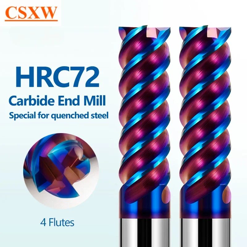 HRC72 CNC Carbide End Mill Tungsten Cutter 4 Flute Metal Steel Machining Tool Ball End Mill 2 Flute 6 8 12 Shank CNC Router Bit