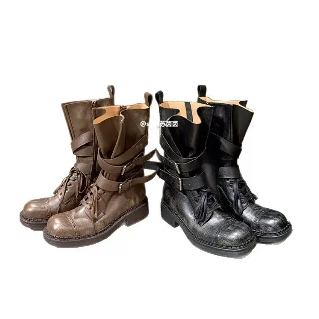 

Женские ботинки в стиле вестерн с круглым носком на среднем каблуке, теплые зимние ботинки с пряжкой на ремне, роскошные модные ботинки до середины икры для скалолазания, новинка