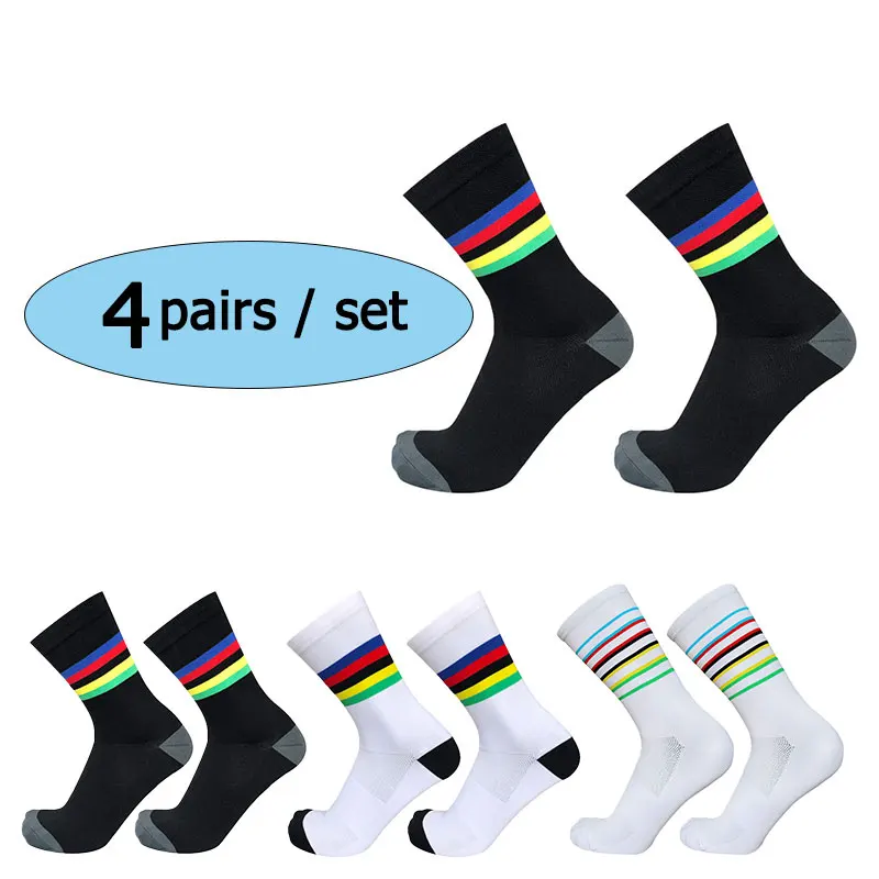 4 pairs of breathable multi-color striped men and women cycling socks, road cycling outdoor running competition socks