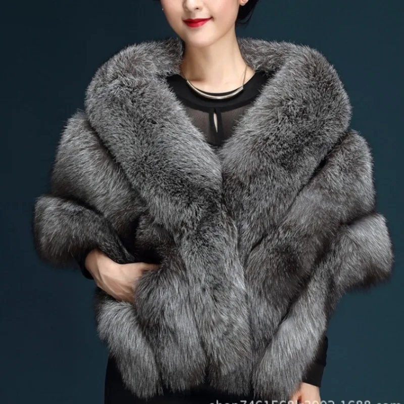 Women's Luxury Faux Fox Fur Shawl Wrap Elegant Fluffy Fake Fur Cape Coat Warm Winter Plush Poncho Outerwear for Party Wedding