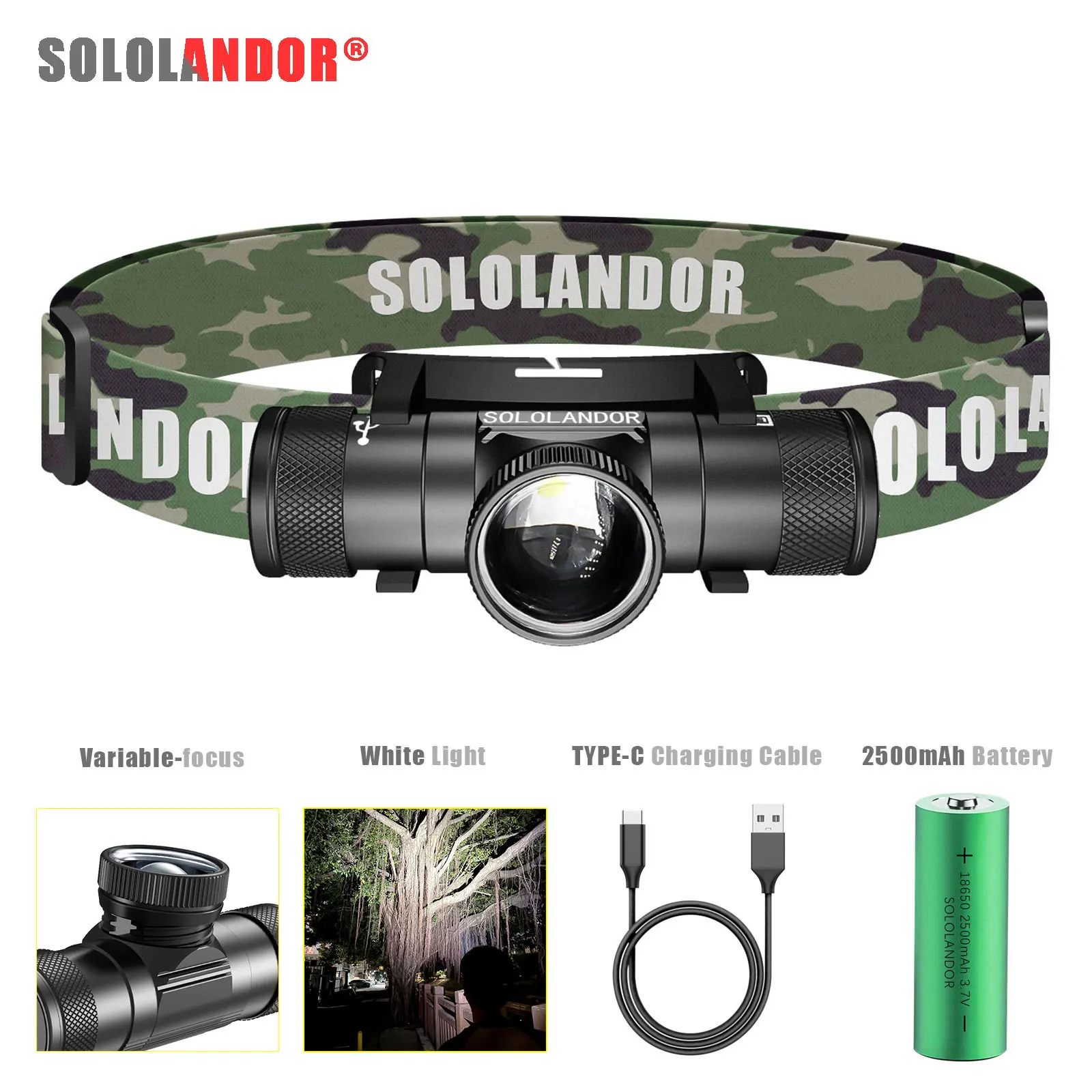 1PC SOLOLANDOR White LED Headlamp High Power Headlight 18650 Rechargeable USB Type-C Torch Camping Hunting Flashlight Lamp