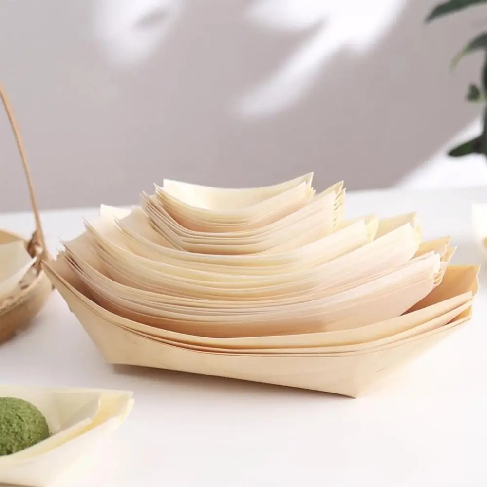 50PCS Multi-size Disposable Wooden Boat-shaped Plate Boat-shape Tray Japanese Dish Sushi Plate Food Serving Wood Serving Boats
