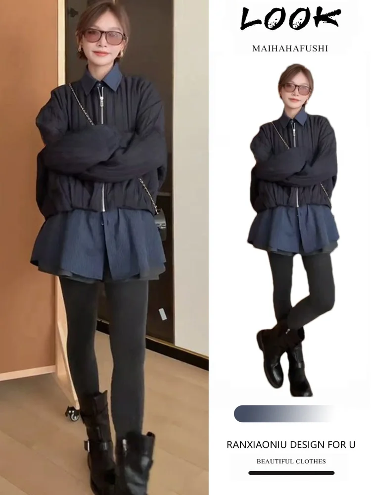 

Новый женский модный комплект 2025: теплый хлопковый жакет и брюки с высокой талией, трендовый синий цвет для поздней осени и ранней зимы