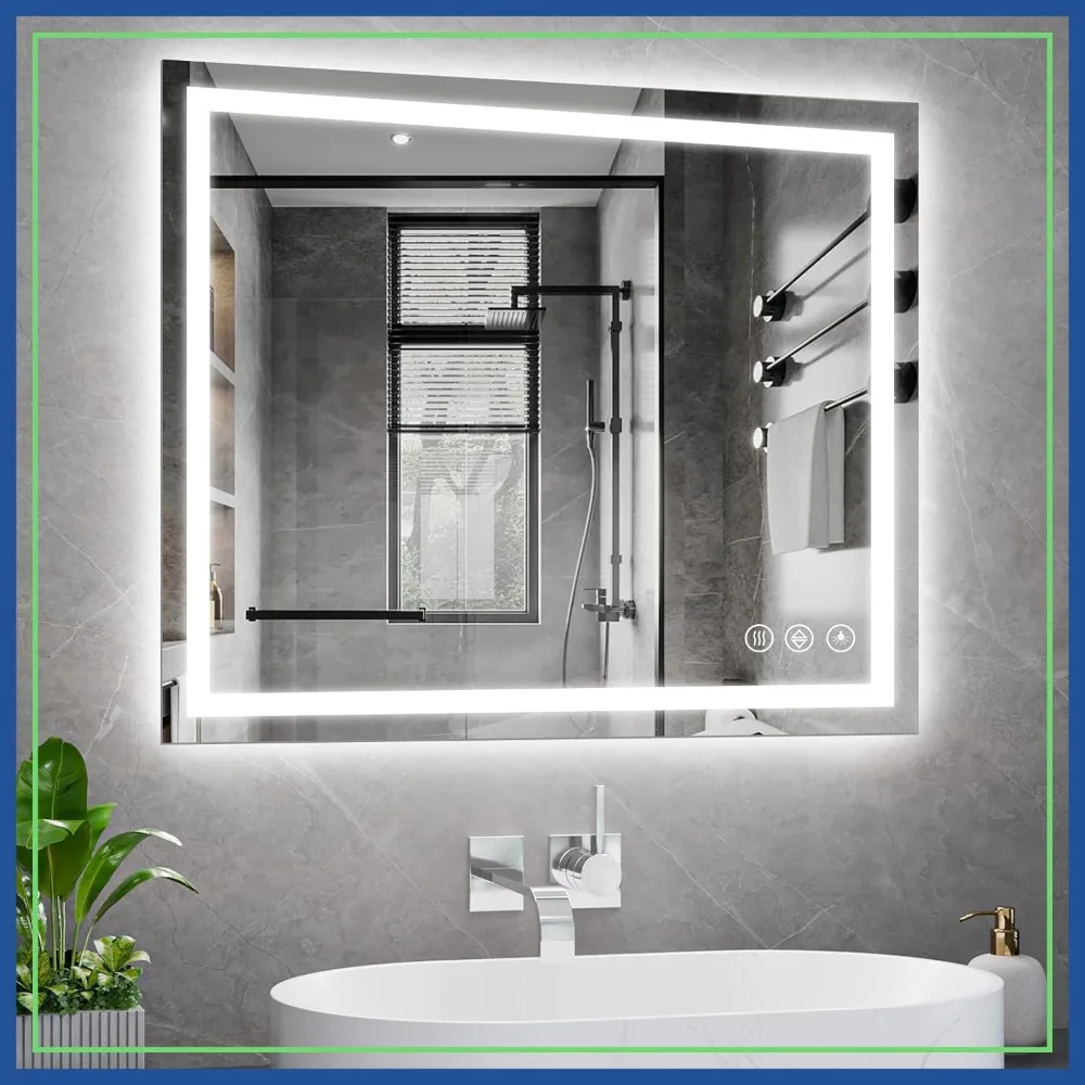 

30x36 LED Bathroom Mirror, Backlit + Front Lit, 3 Colors, Anti-Fog, Dimmable, Memory Function, Tempered Glass