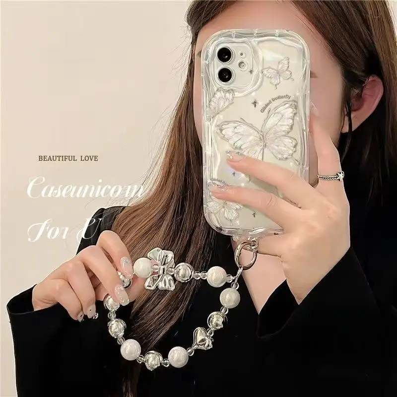 Silvery Butterfly Chain Phone Case For Samsung Galaxy S24 S23 S22 S21 Plus Ultra S23FE S21FE S20FE A12 Cover Love Heart Wrist