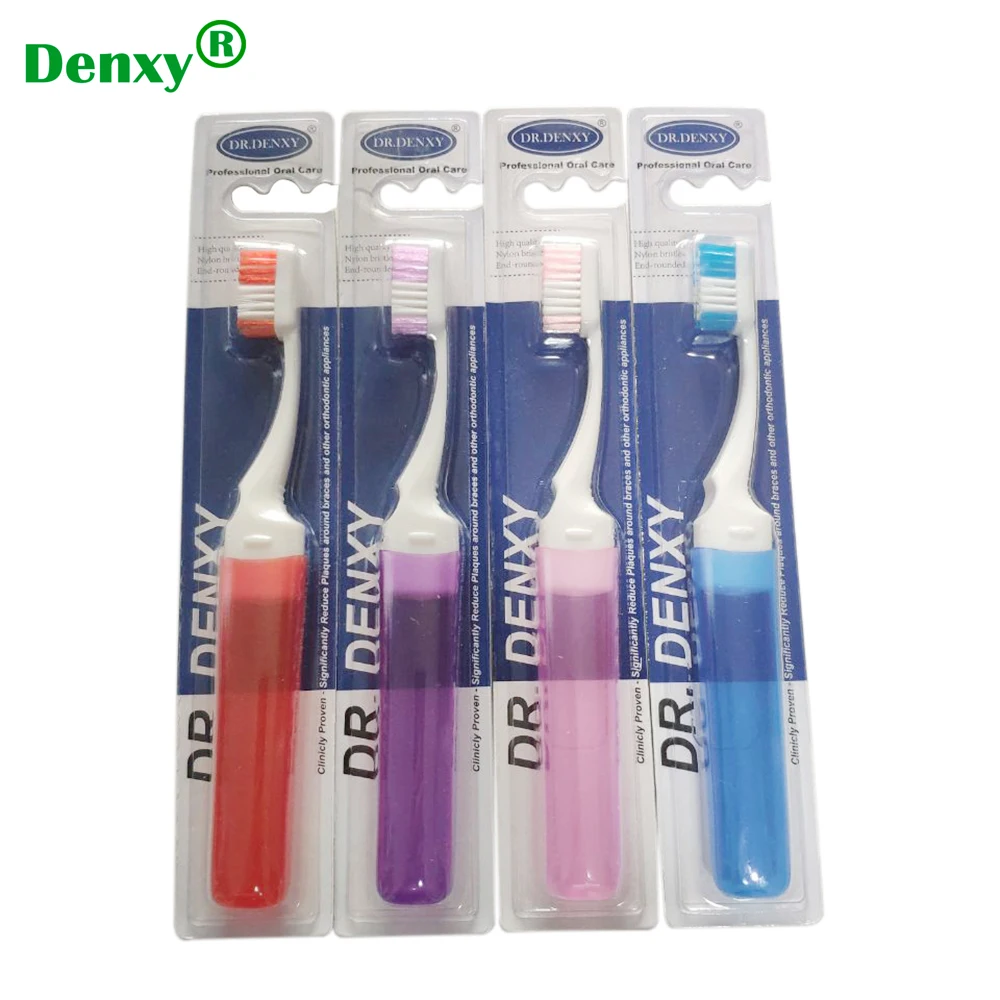 Denxy 4 pcs 4 colours NonToxic Adult Orthodontic Tooth Brushes V Trim Soft Dental Toothbrush Collapsible