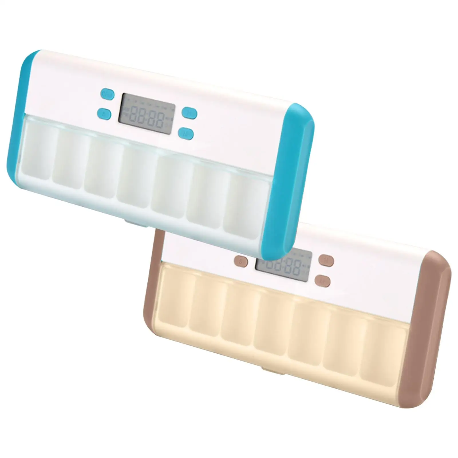 

Portable 7 Grid Pill Box Reminder Alarms Timer Clock Supplements Container Medicine Storage Box for Travel Push Button Design