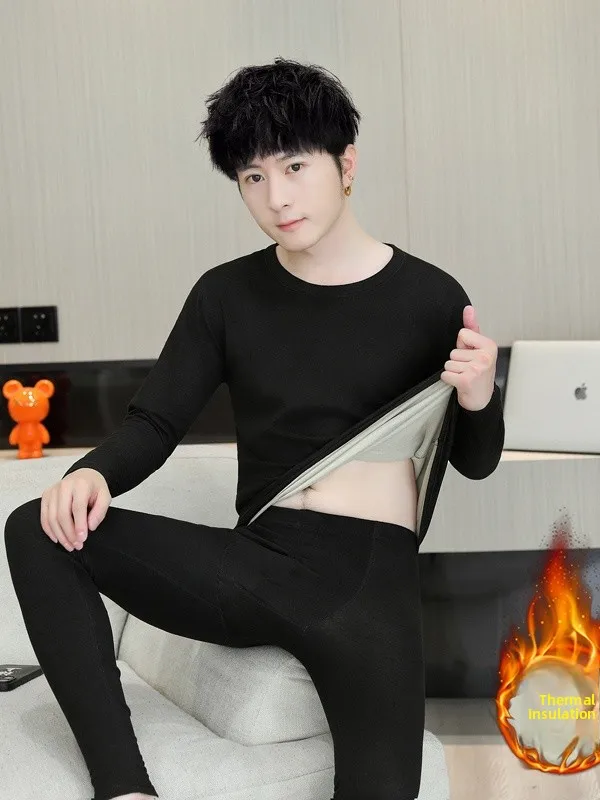 

Мужской теплый комплект нижнего белья с круглым вырезом, двусторонний велюровый базовый слой, осенняя одежда для студентов, комплект из двух предметов, молодежный комплект с длинными рукавами